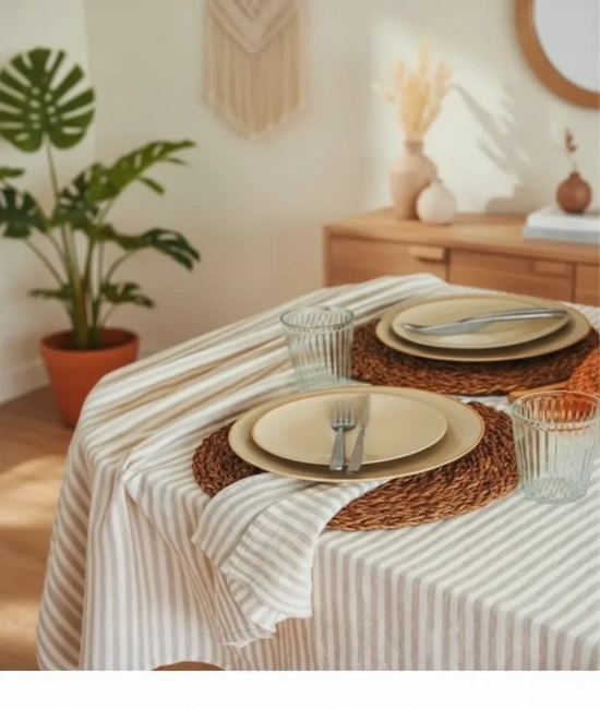 Keten Bej (DÜZ) Çizgili Masa Örtüsü