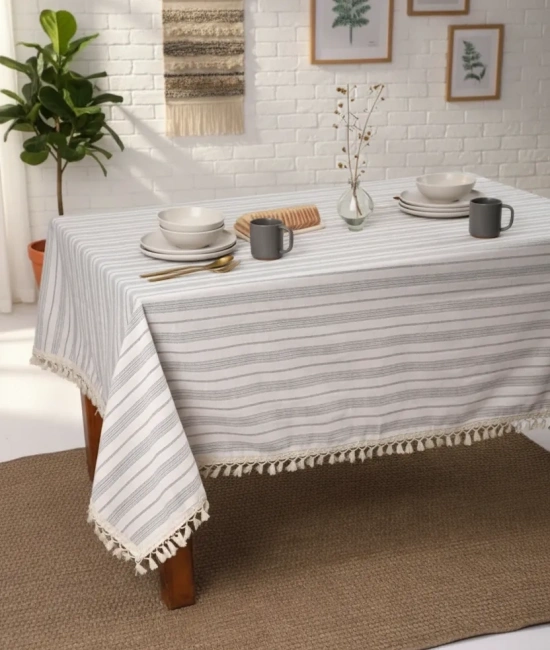 Keten Gri Antrasit Çizgili Ponponlu Masa Örtüsü