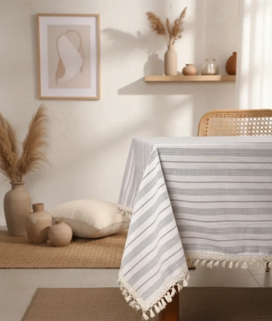 Keten Gri Antrasit Çizgili Ponponlu Masa Örtüsü