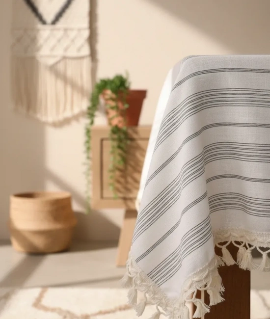 Keten Gri Antrasit Çizgili Ponponlu Masa Örtüsü