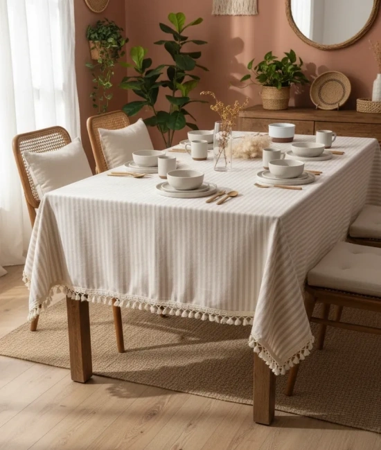 Bej Çizgili Keten Ponponlu Masa Örtüsü
