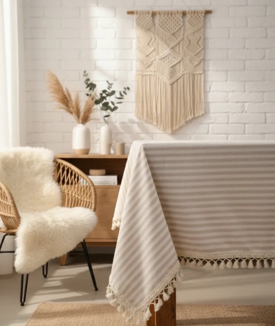 Bej Çizgili Keten Ponponlu Masa Örtüsü