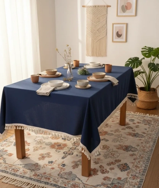 Premium Keten Lacivert Ponponlu Masa Örtüsü