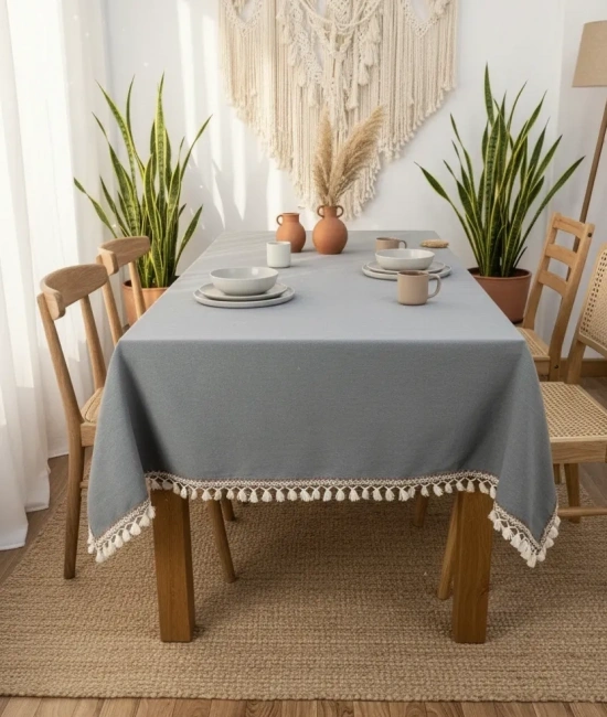 Premium Keten Füme Renk Kahverengi Şeritli Ponponlu Masa Örtüsü