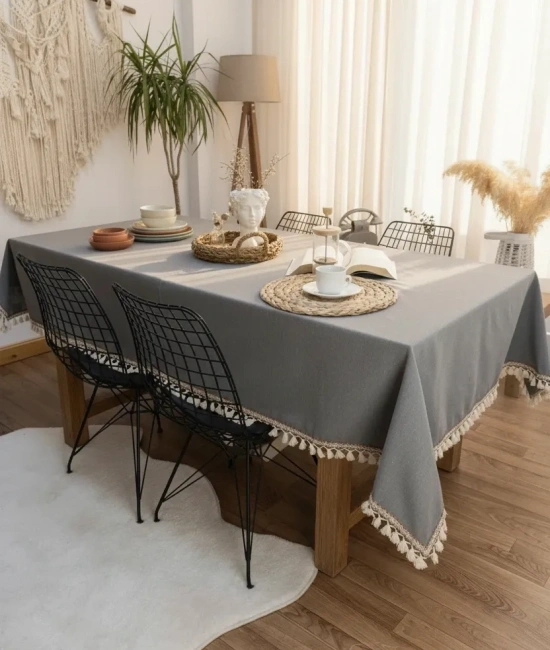 Premium Keten Füme Renk Kahverengi Şeritli Ponponlu Masa Örtüsü