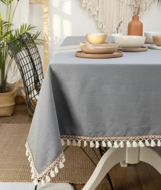 Premium Keten Füme Renk Kahverengi Şeritli Ponponlu Masa Örtüsü