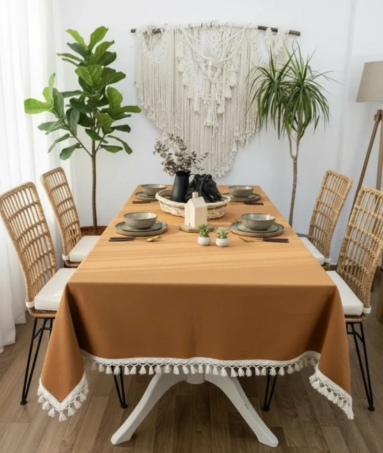 Kiremit Tarçın Renk Keten Ham Ponponlu Masa Örtüsü