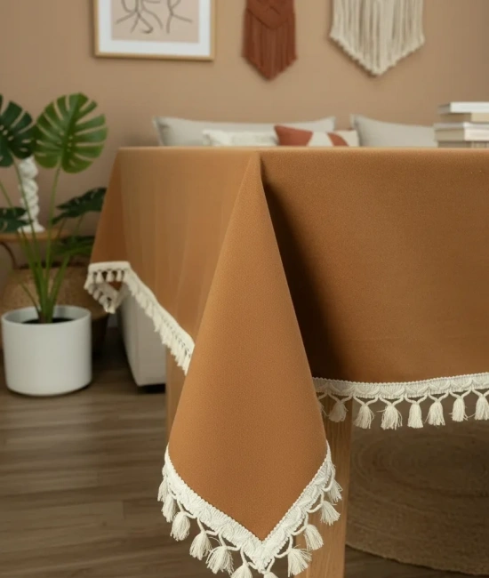 Kiremit Tarçın Renk Keten Ham Ponponlu Masa Örtüsü