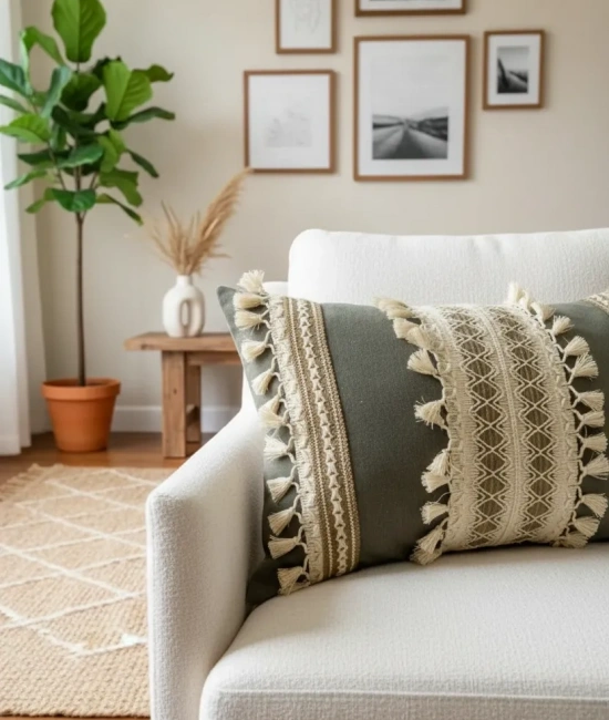 Gri Keten Üçlü Kahverengi Dantelli Kırlent 2 Adet Kırlent Kılıfı