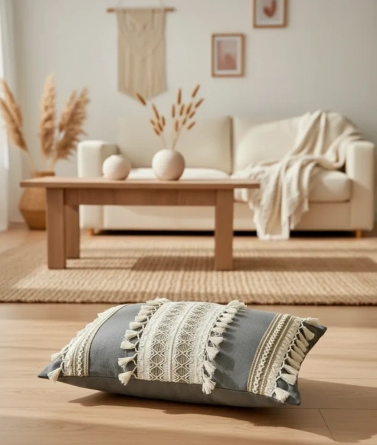 Gri Keten Üçlü Kahverengi Dantelli Kırlent 2 Adet Kırlent Kılıfı