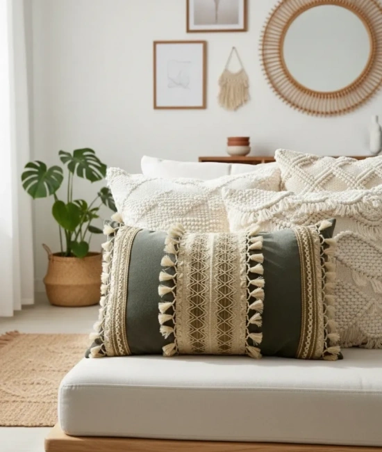 Gri Keten Üçlü Kahverengi Dantelli Kırlent 2 Adet Kırlent Kılıfı