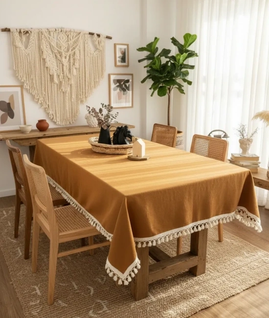 Kiremit Tarçın Renk Keten Ham Ponponlu Masa Örtüsü
