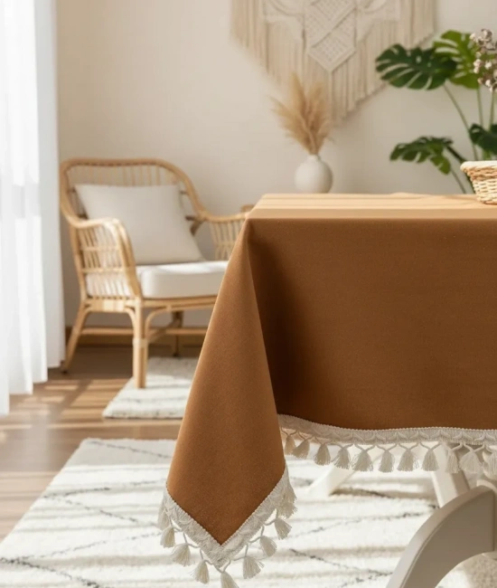 Kiremit Tarçın Renk Keten Ham Ponponlu Masa Örtüsü
