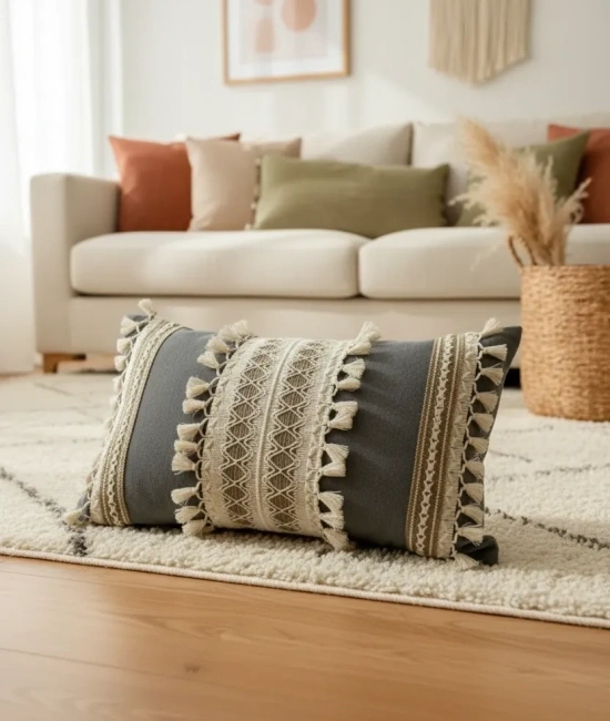 Gri Keten Üçlü Kahverengi Dantelli Kırlent 2 Adet Kırlent Kılıfı