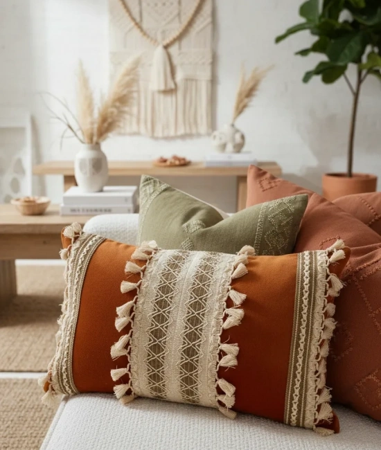 Kiremit Rengi Üçlü Kahve Dantelli Kırlent 2 Adet Kırlent Kılıfı