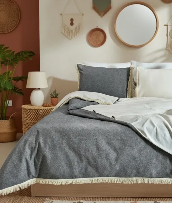 Çift Renkli Püsküllü (Antrasit - Krem) Keten Tek Kişilik Nevresim Takımı