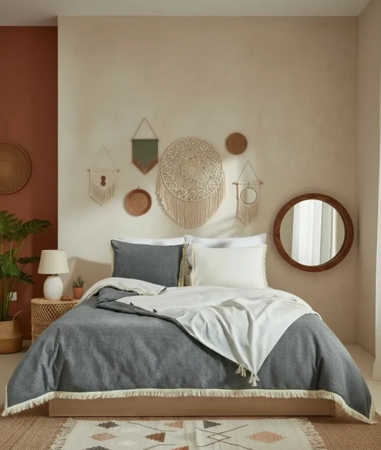 Çift Renkli Püsküllü (Antrasit - Krem) Keten Tek Kişilik Nevresim Takımı