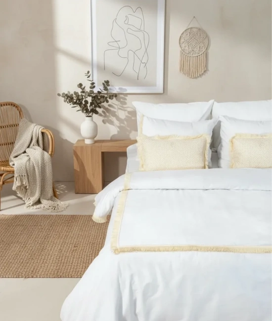 Beyaz Pamuk Keten Kare Püsküllü Tek Kişilik Nevresim Takımı