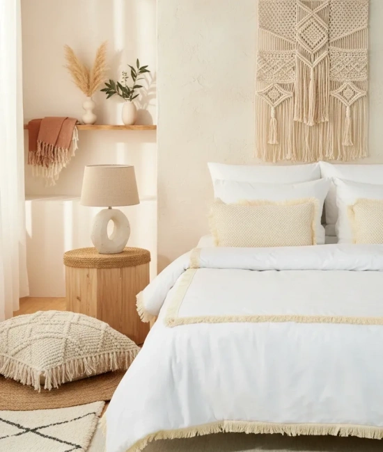 Beyaz Pamuk Keten Kare Püsküllü Tek Kişilik Nevresim Takımı