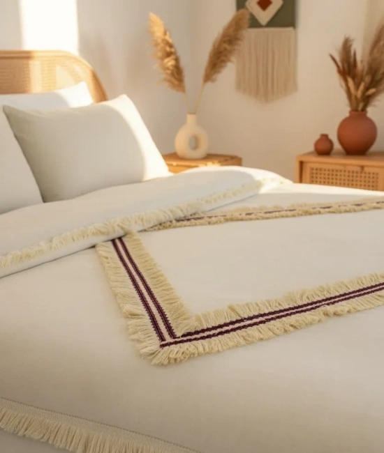 Beyaz Pamuk Keten Renkli Püsküllü Tek Kişilik Nevresim Takımı