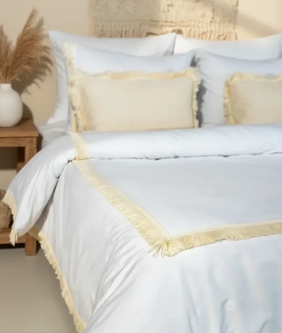 Beyaz Pamuk Keten Kare Püsküllü Çift Kişilik Nevresim Takımı