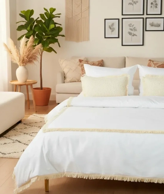 Beyaz Pamuk Keten Kare Püsküllü Çift Kişilik Nevresim Takımı