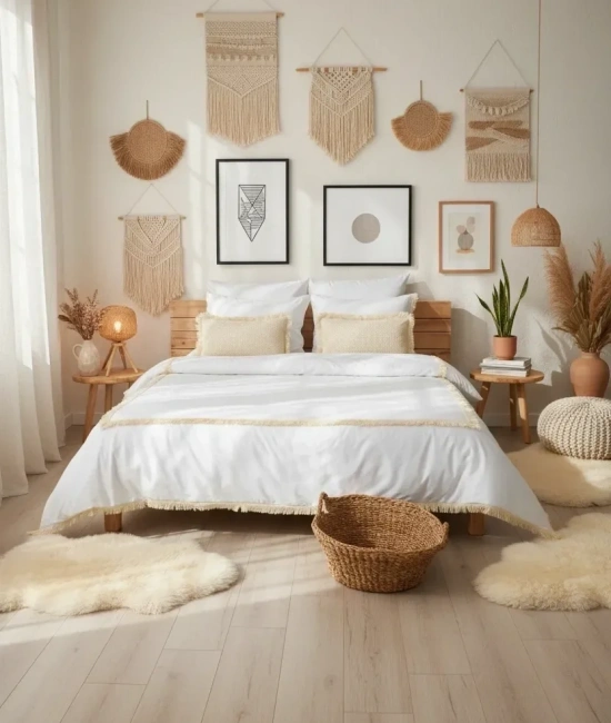 Beyaz Pamuk Keten Kare Püsküllü Çift Kişilik Nevresim Takımı