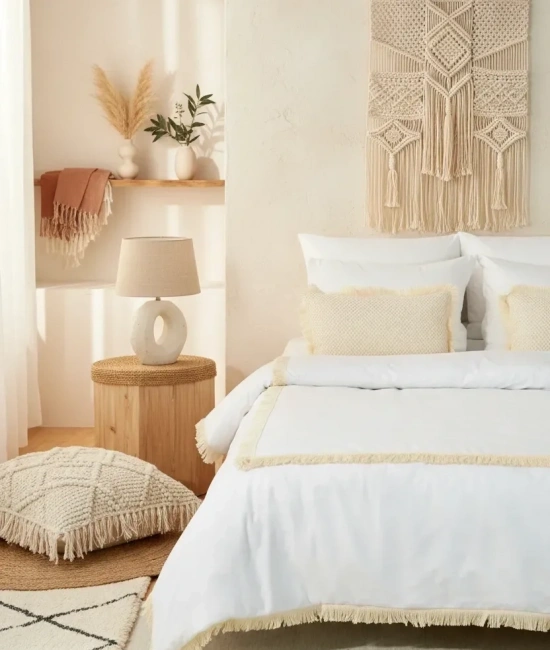 Beyaz Pamuk Keten Kare Püsküllü Çift Kişilik Nevresim Takımı