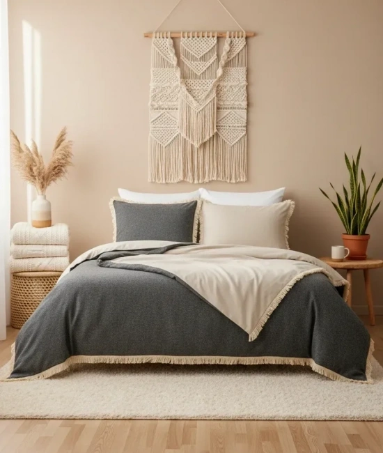 Çift Renkli Püsküllü (Antrasit - Krem) Keten Çift Kişilik Nevresim Takımı