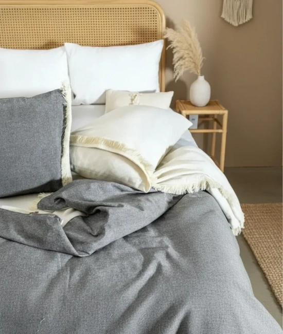 Çift Renkli Püsküllü (Antrasit - Krem) Keten Çift Kişilik Nevresim Takımı