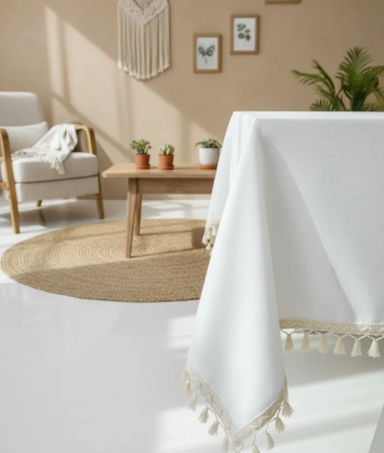 Beyaz Keten Ham Ponponlu Masa Örtüsü