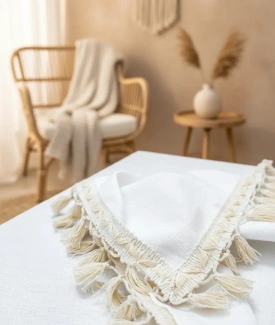 Beyaz Keten Ham Ponponlu Masa Örtüsü