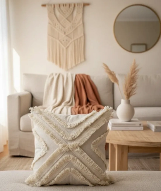 Ham Keten Çoklu Püsküllü Kare Kırlent 2 Adet Kırlent Kılıfı 43x43