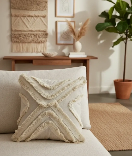 Ham Keten Çoklu Püsküllü Kare Kırlent 2 Adet Kırlent Kılıfı 43x43