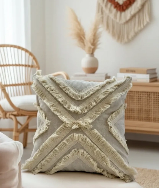 Ham Keten Çoklu Püsküllü Kare Kırlent 2 Adet Kırlent Kılıfı 43x43