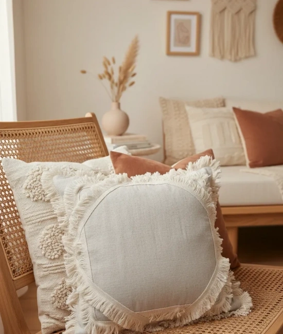 Ham Keten Baklava Mozaik Püsküllü Kırlent 2 Adet Kırlent Kılıfı 35x55