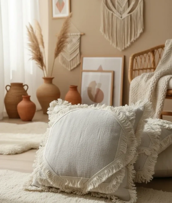 Ham Keten Baklava Mozaik Püsküllü Kırlent 2 Adet Kırlent Kılıfı 35x55