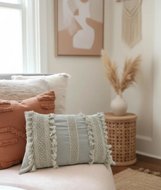 Ham Keten Üç Dantelli Ponponlu Kırlent 2 Adet Kırlent Kılıfı