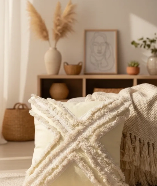 Sarı Renk Keten Çoklu Püsküllü Kırlent 2 Adet Kırlent Kılıfı