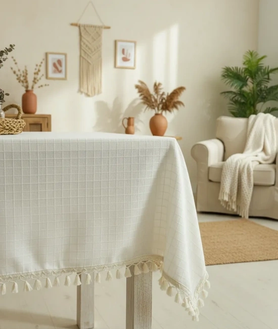 DESENLİ Krem Ponponlu Masa Örtüsü