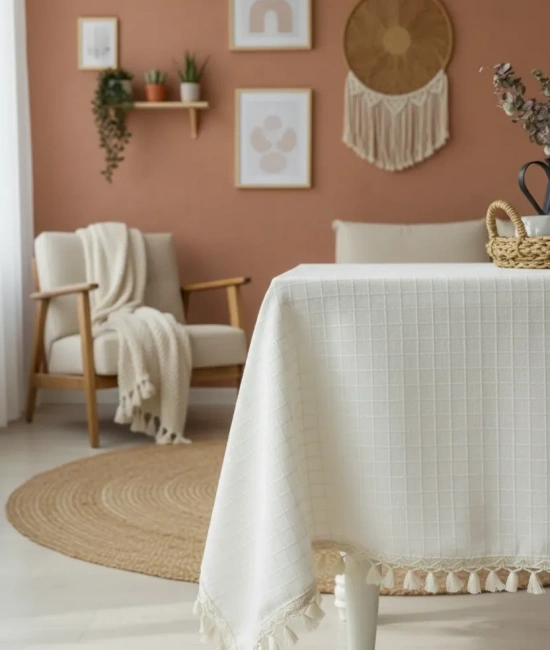 DESENLİ Krem Ponponlu Masa Örtüsü