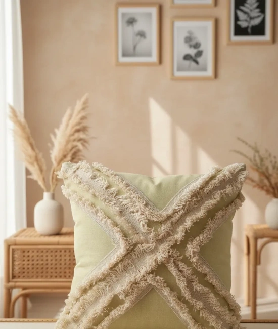 Sarı Renk Keten Çoklu Püsküllü Kırlent 2 Adet Kırlent Kılıfı