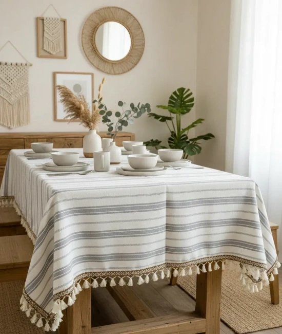 Çizgili Gri Şeritli Ponponlu Masa Örtüsü
