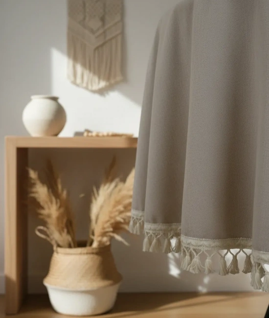 Bej Ham Ponponlu YUVARLAK Masa Örtüsü