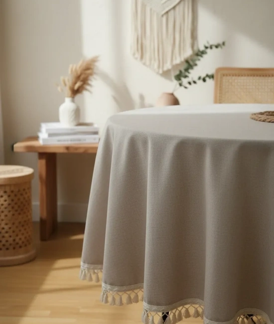 Bej Ham Ponponlu YUVARLAK Masa Örtüsü