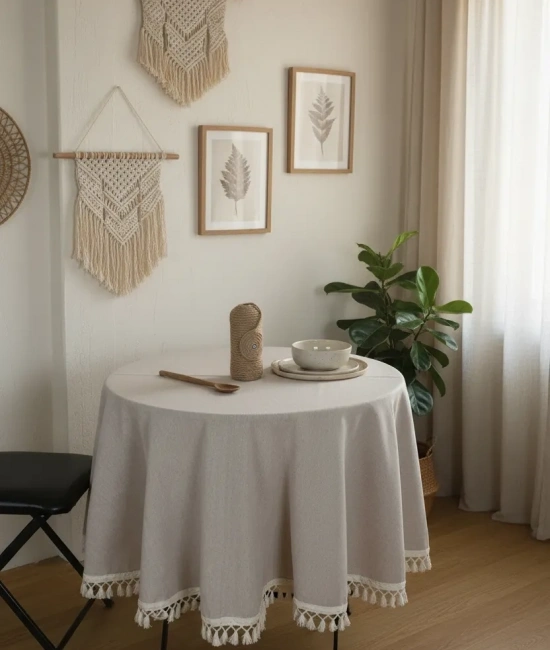 Bej Ham Ponponlu YUVARLAK Masa Örtüsü