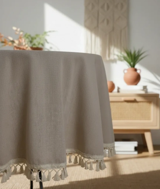 Bej Ham Ponponlu YUVARLAK Masa Örtüsü