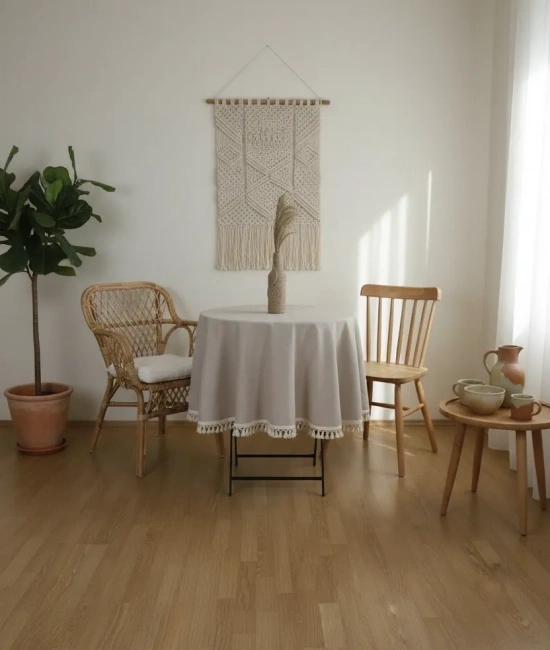 Bej Ham Ponponlu YUVARLAK Masa Örtüsü