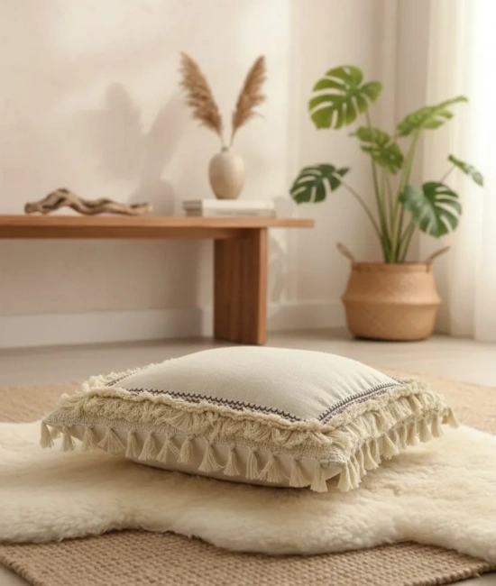 Dört Kenar Püsküllü Keten Krem Kırlent 2 Adet Kırlent Kılıfı43x43][