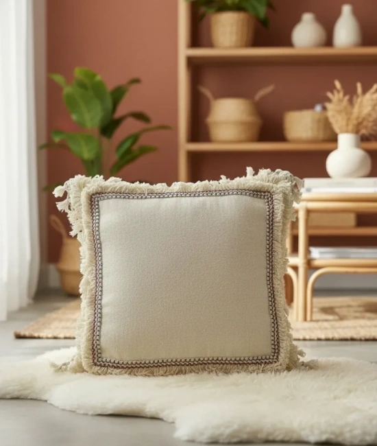 Dört Kenar Püsküllü Keten Krem Kırlent 2 Adet Kırlent Kılıfı43x43][